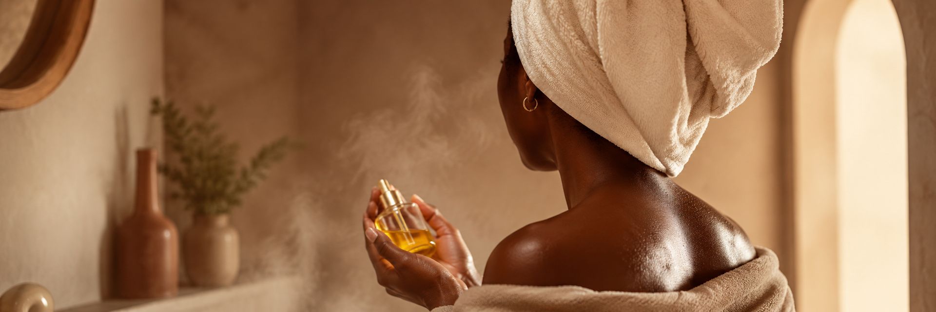 Femme aux cheveux naturels avec serviette chaude sur la tête, soin porosité cheveux crépus